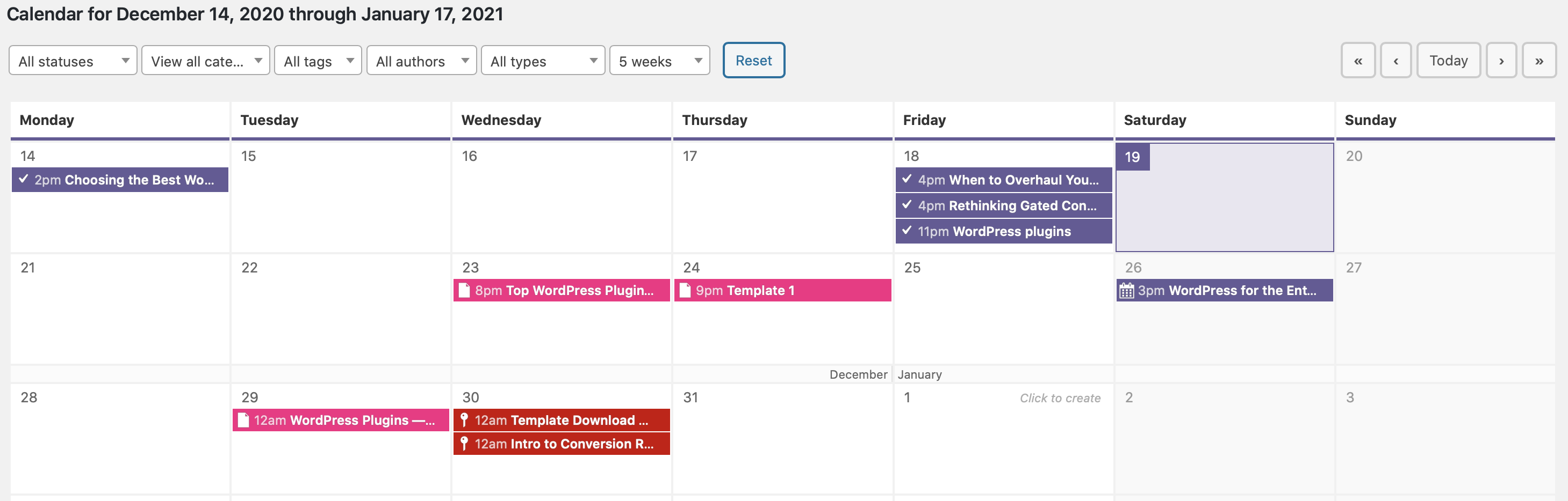 Screenshot of one of the top WordPress plugins for marketers — PublishPress: Editorial Calendar. Displaying an image of a calendar with different tasks from within WordPress.