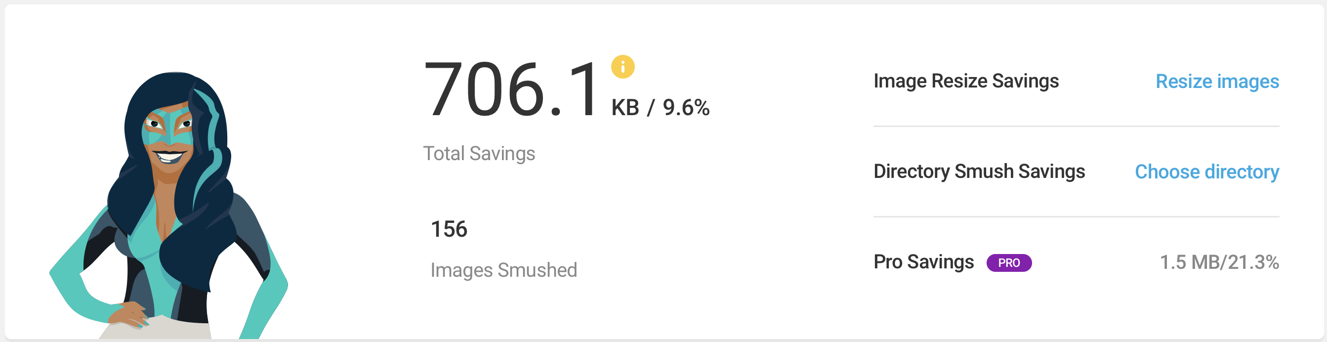 Image for one of the top WordPress plugins for marketers — Smush. Displaying the Smush dashboard showing savings.
