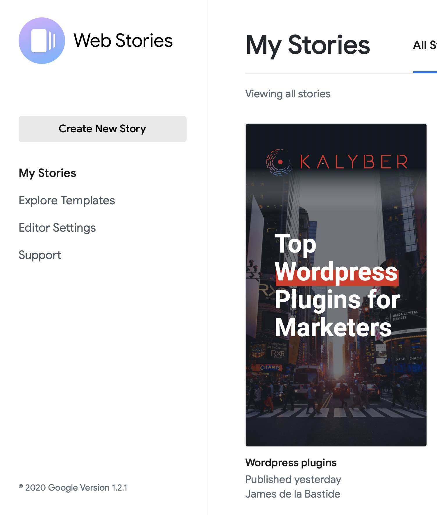 Screenshot for one of the top WordPress plugins for marketers — Web Stories by Google. Displaying an image of the dashboard with an image of a single storiy.