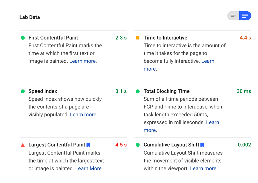 Screenshot of PageSpeed Insights for the Kalyber website before optimization. The image shows the results across first contentful paint, time to interactive, speed index, total blocking time, largest contentful paint, and cumulative layout shift.