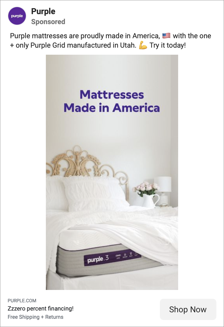 Purple Mattress Facebook image ad